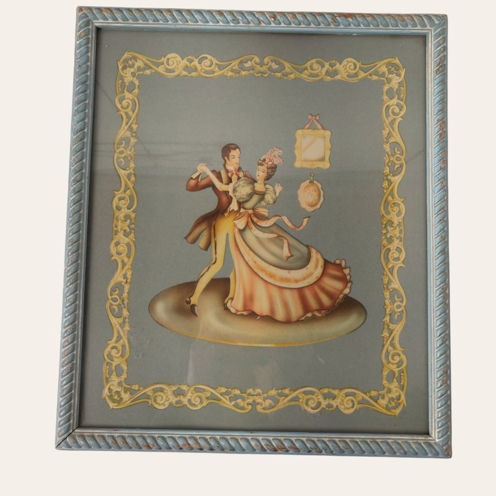 Vintage 1940s Jane Austen Ballroom Couple Lithograph Pastel Blue Airbrush Gold L
